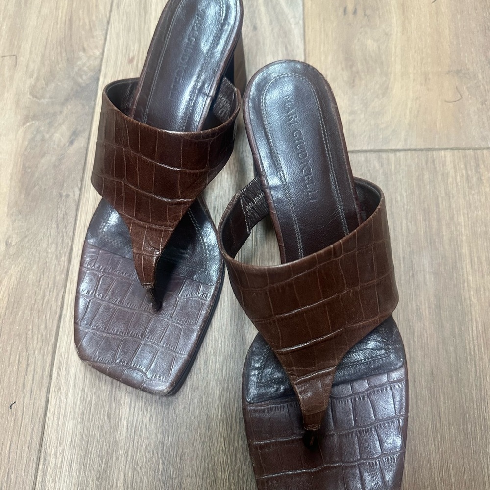 Brown Croc-Embossed Thong Sandals - Women